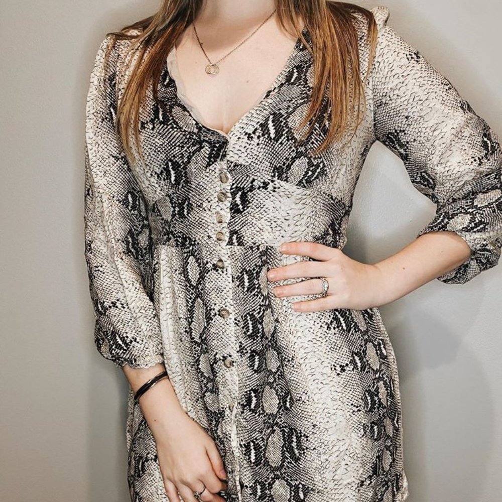 snake print dress with button detail